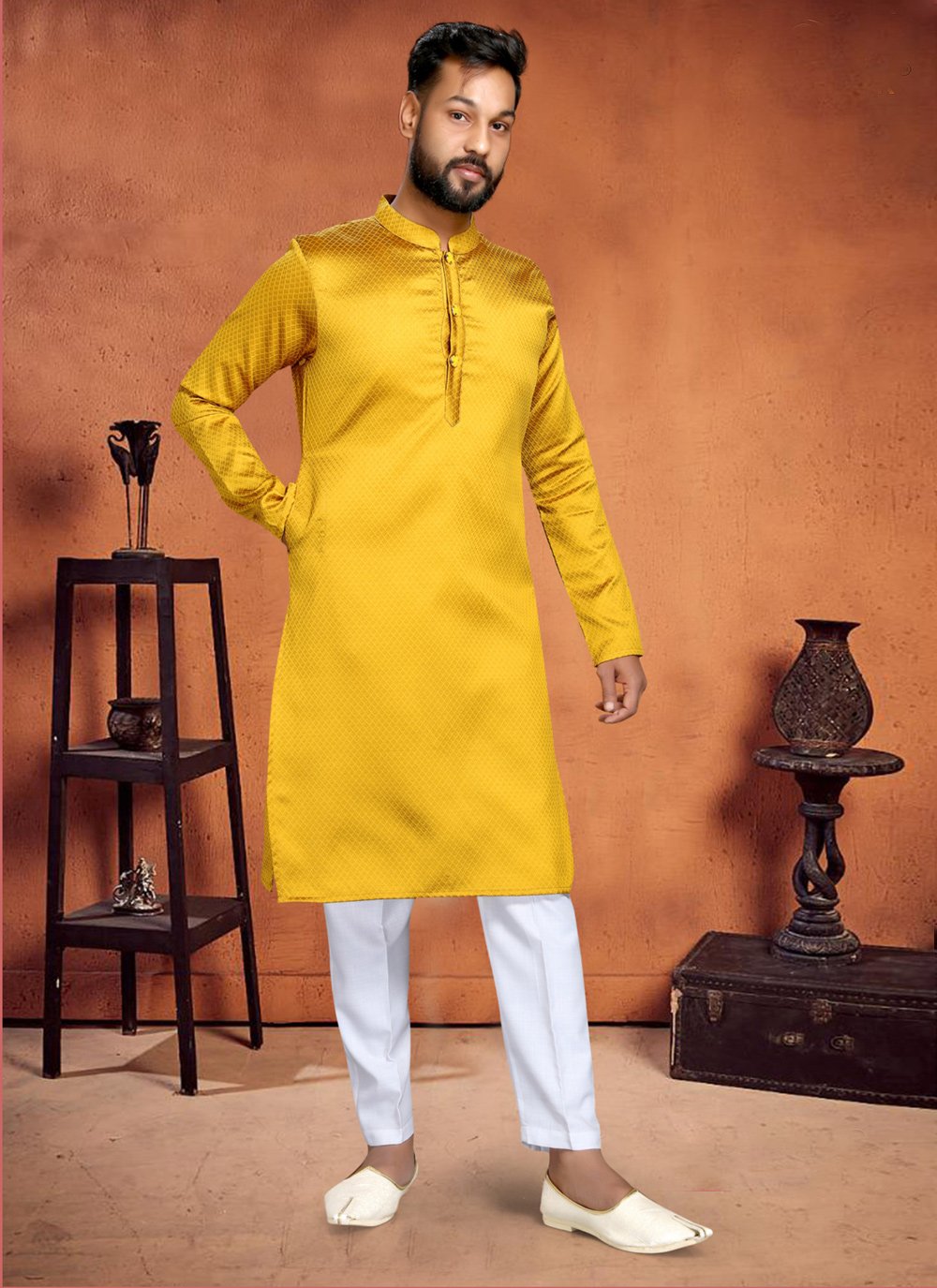 Kurta Pyjama Cotton Yellow Plain Mens