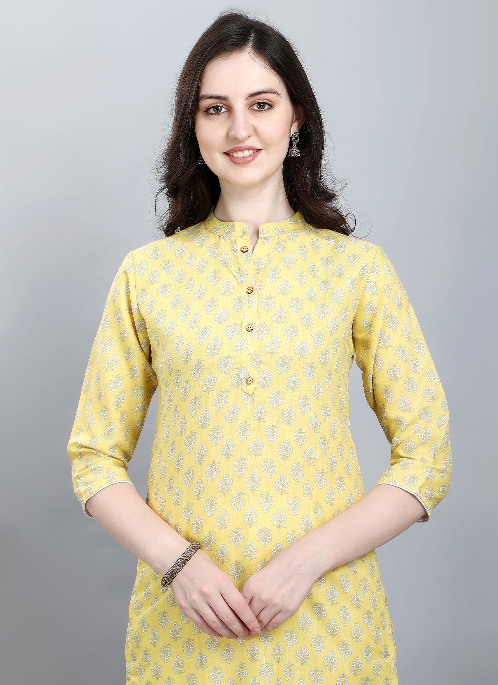 Designer Kurti Cotton Yellow Booti Kurtis