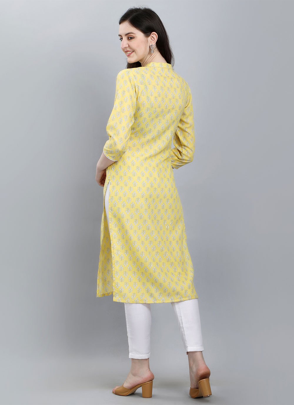 Designer Kurti Cotton Yellow Booti Kurtis