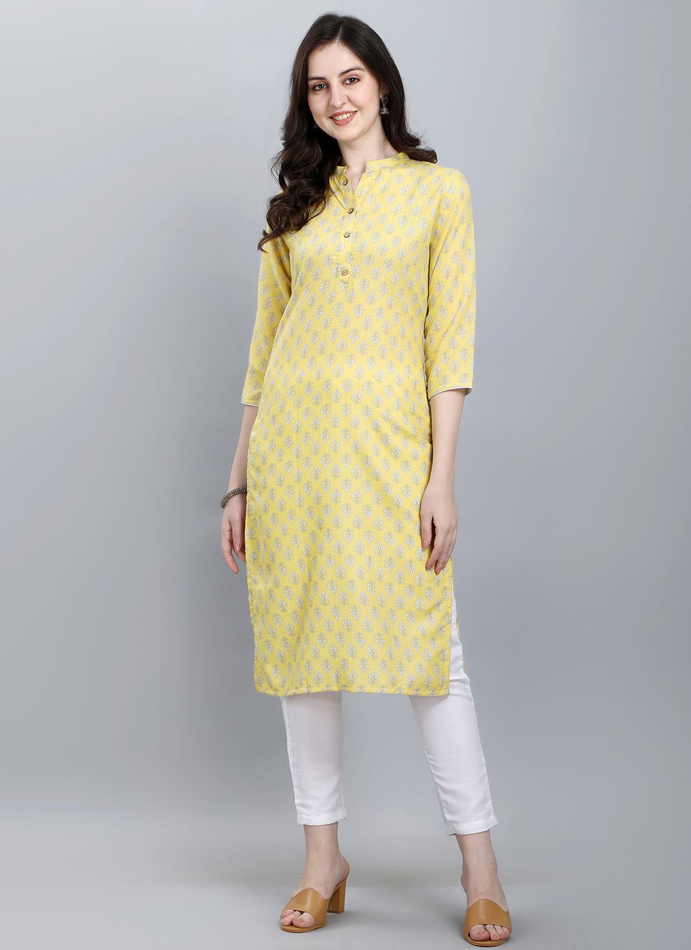 Designer Kurti Cotton Yellow Booti Kurtis