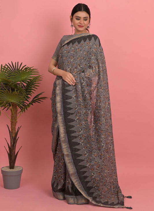 Designer Cotton Grey Embroidered Saree