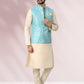 Kurta Payjama With Jacket Banarasi Silk Jacquard Cream Firozi Jacquard Work Mens