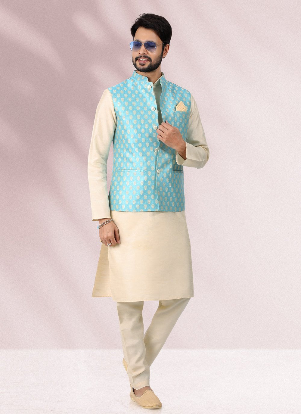 Kurta Payjama With Jacket Banarasi Silk Jacquard Cream Firozi Jacquard Work Mens