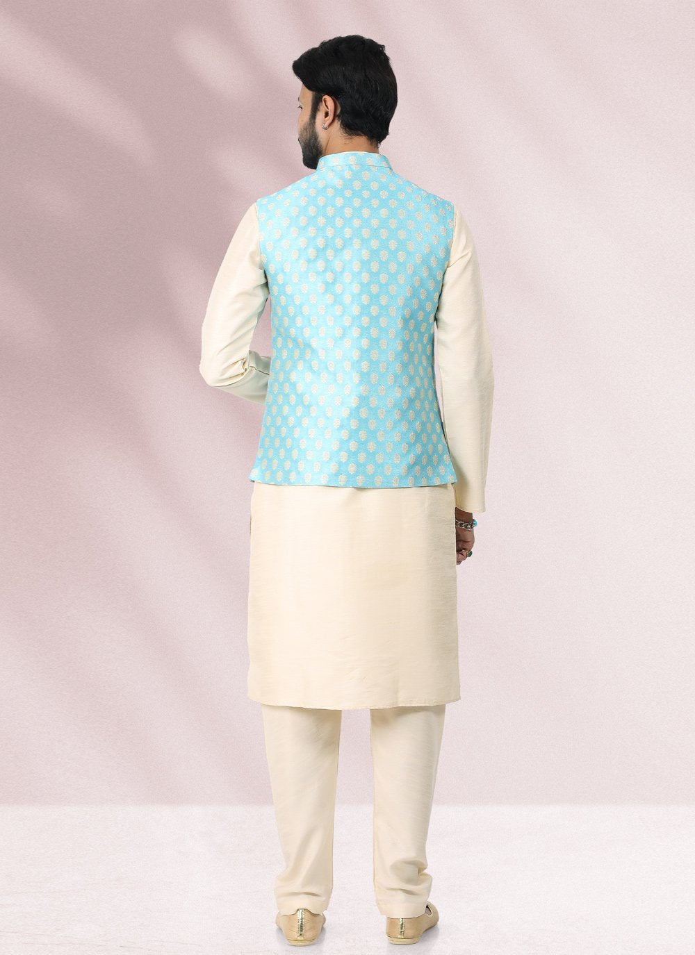 Kurta Payjama With Jacket Banarasi Silk Jacquard Cream Firozi Jacquard Work Mens