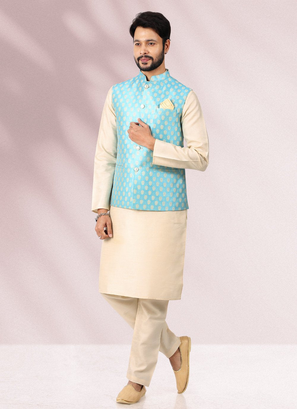 Kurta Payjama With Jacket Banarasi Silk Jacquard Cream Firozi Jacquard Work Mens