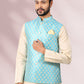 Kurta Payjama With Jacket Banarasi Silk Jacquard Cream Firozi Jacquard Work Mens