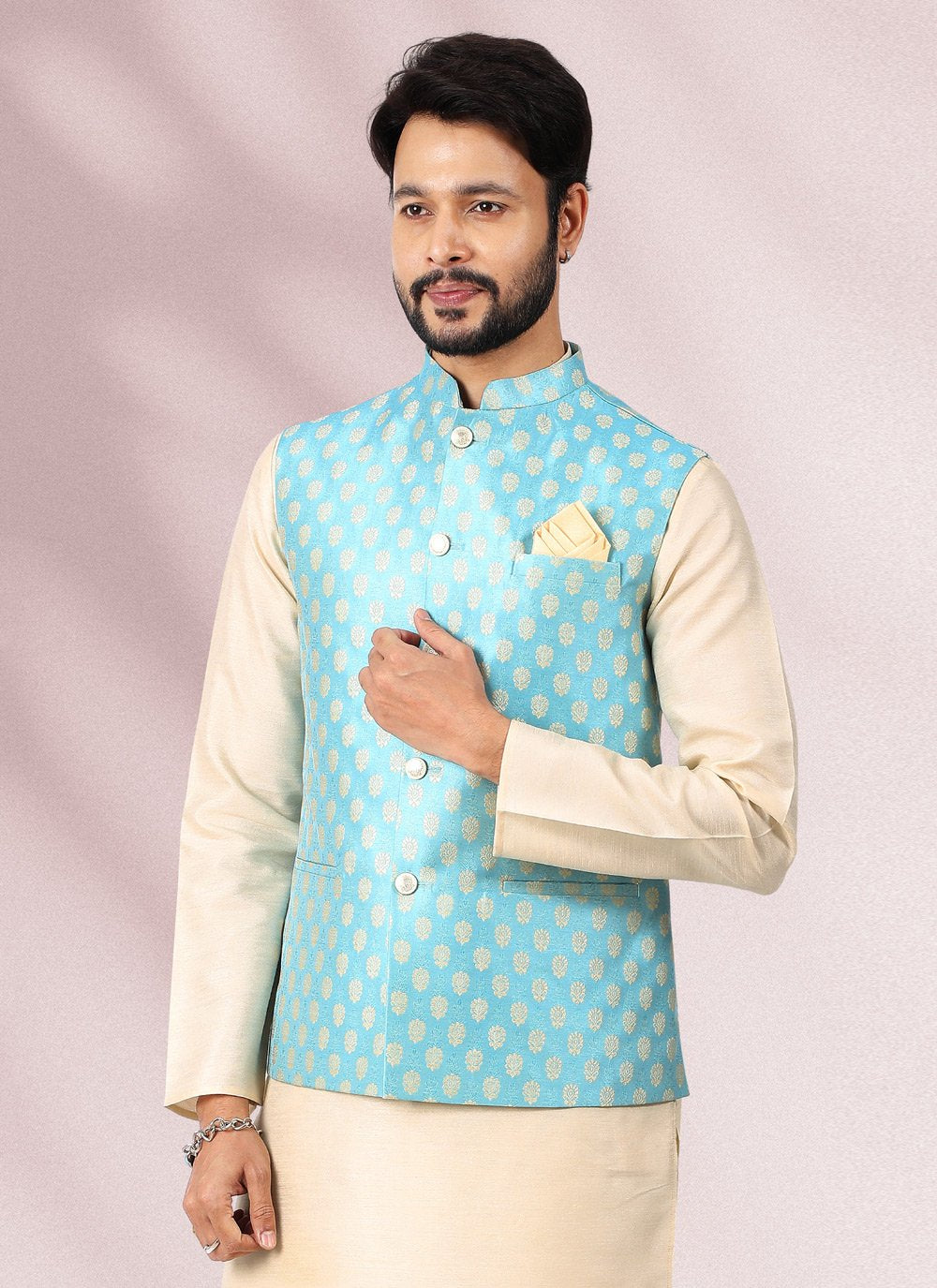 Kurta Payjama With Jacket Banarasi Silk Jacquard Cream Firozi Jacquard Work Mens