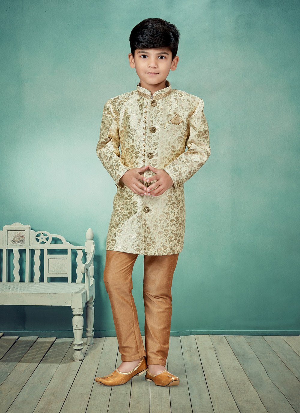 Indo Western Banarasi Jacquard Cream Gold Lace Kids