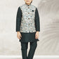 Kurta Payjama With Jacket Banarasi Silk Cream Green Print Kids