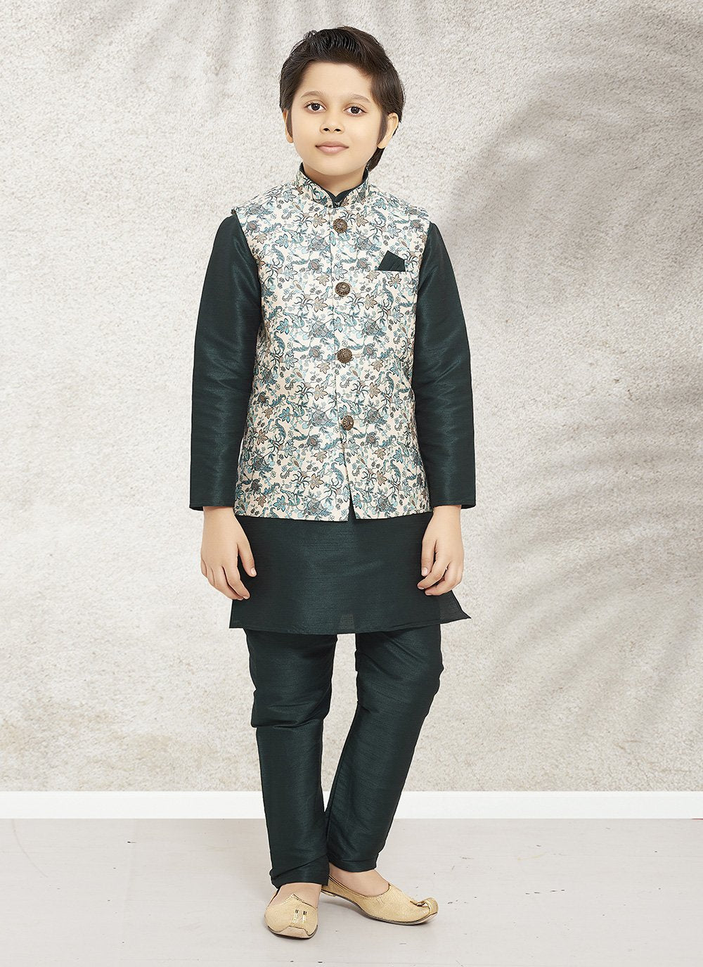 Kurta Payjama With Jacket Banarasi Silk Cream Green Print Kids