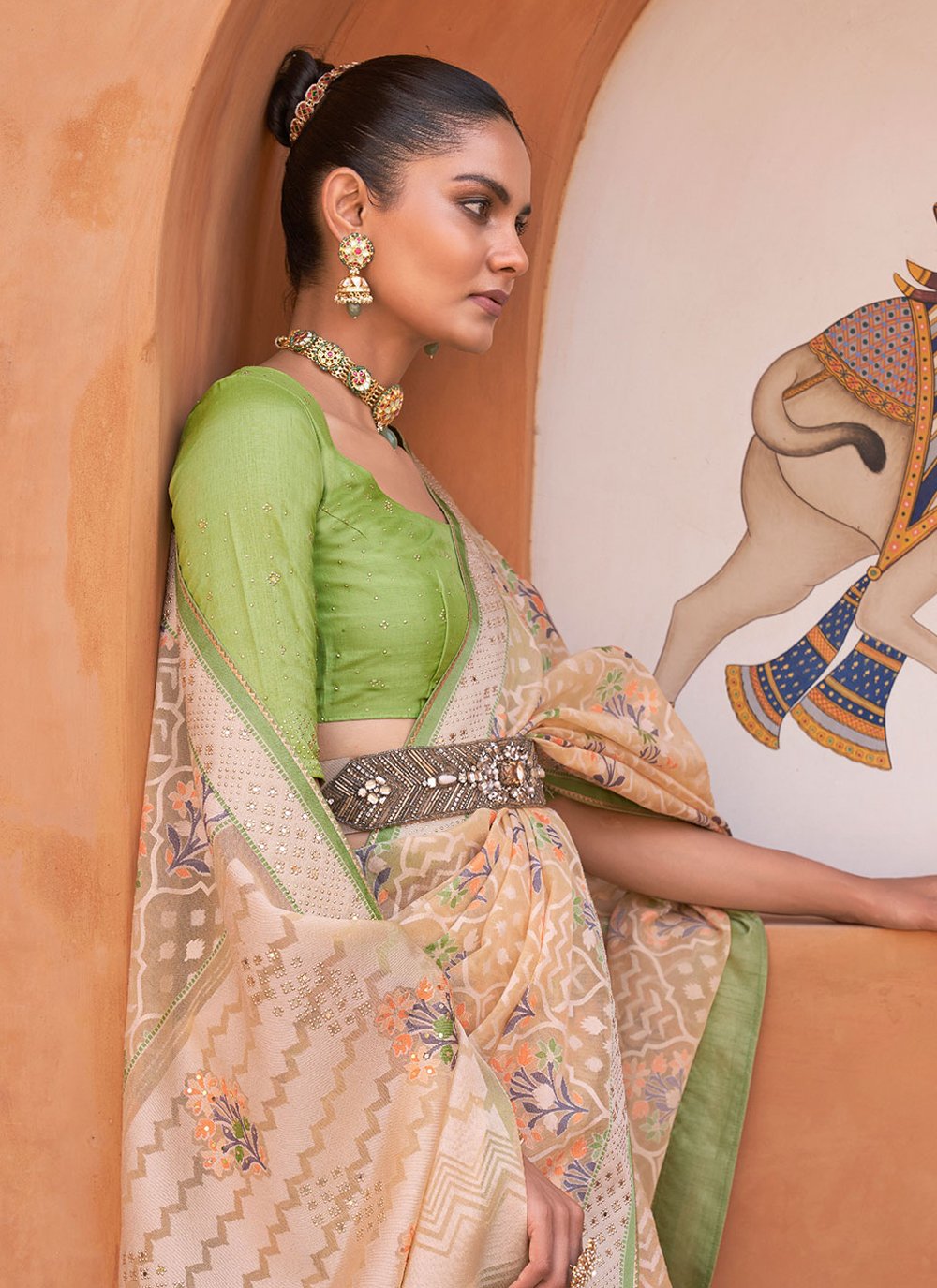 Classic Brasso Cream Green Fancy Work Saree