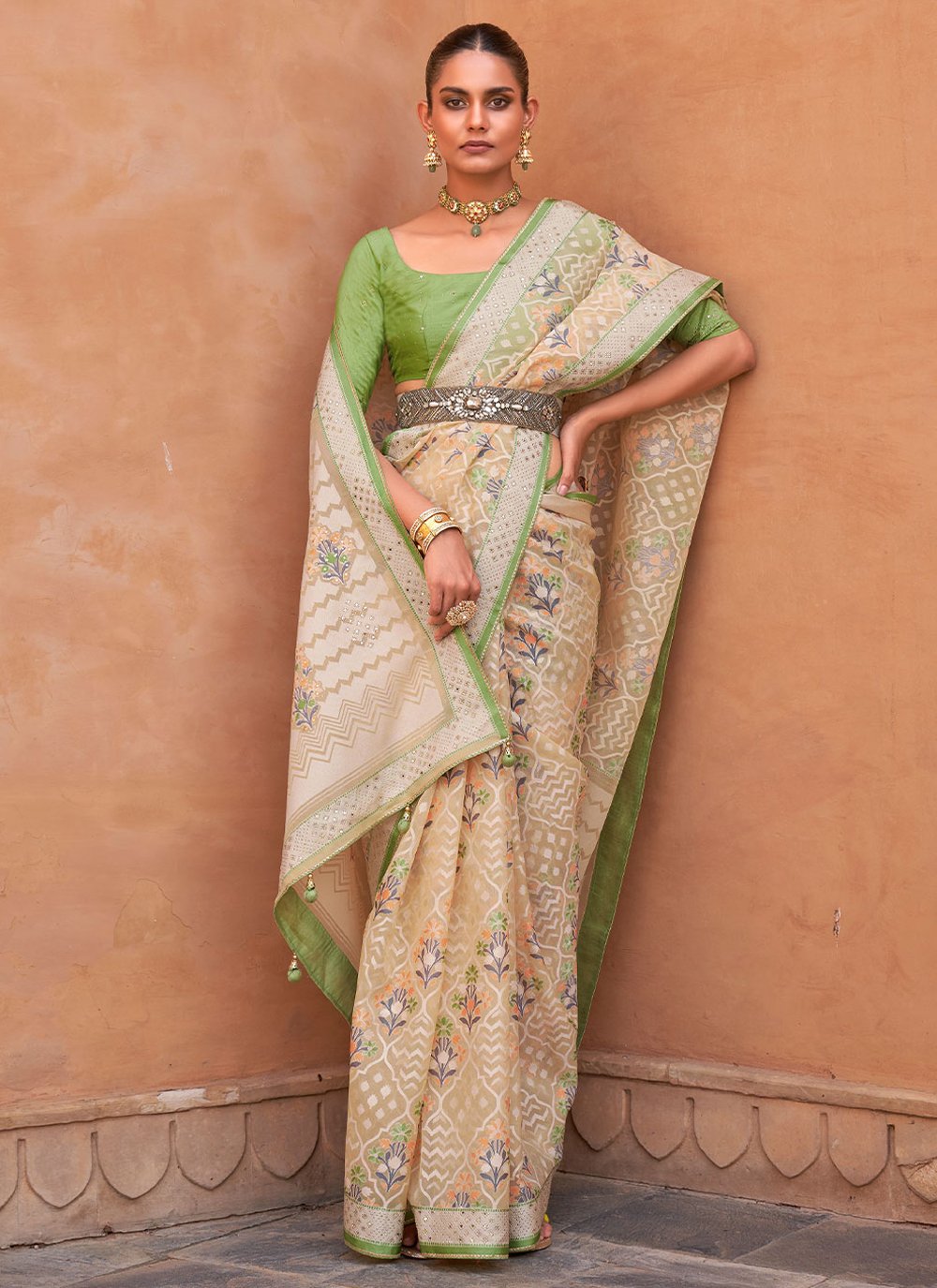 Classic Brasso Cream Green Fancy Work Saree