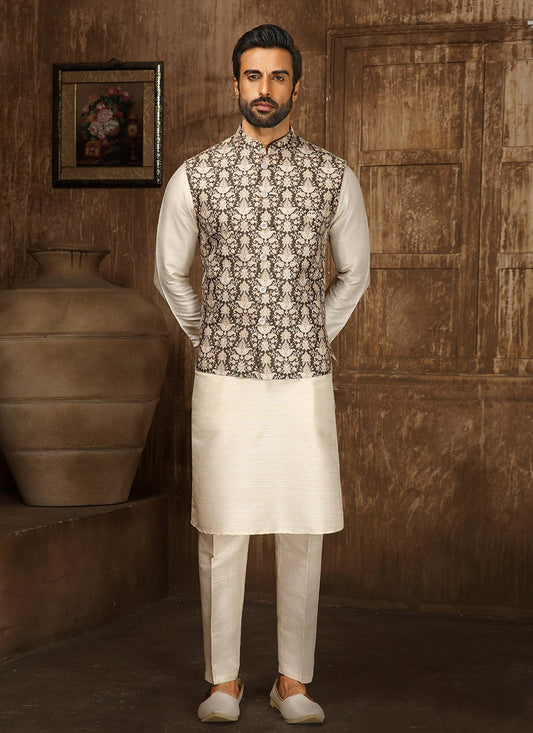 Kurta Payjama With Jacket Fancy Fabric Cream Green Digital Print Mens