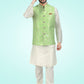 Kurta Payjama With Jacket Banarasi Jacquard Cream Green Fancy Work Mens