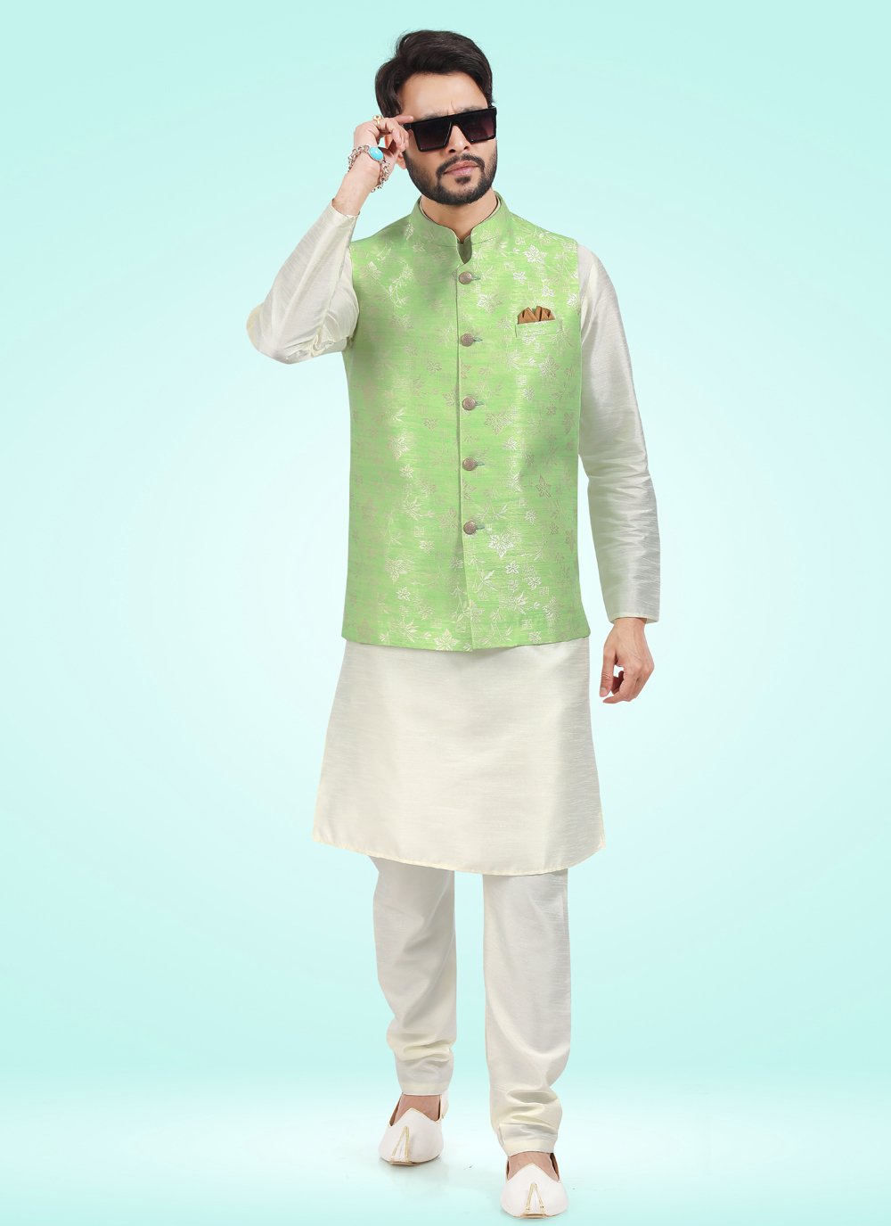 Kurta Payjama With Jacket Banarasi Jacquard Cream Green Fancy Work Mens