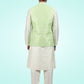 Kurta Payjama With Jacket Banarasi Jacquard Cream Green Fancy Work Mens