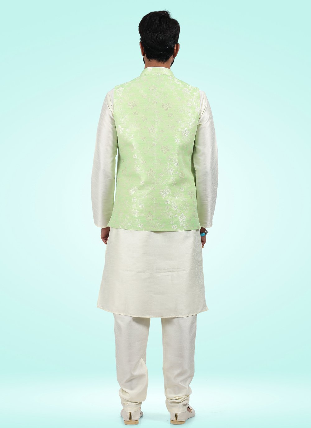 Kurta Payjama With Jacket Banarasi Jacquard Cream Green Fancy Work Mens