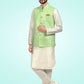 Kurta Payjama With Jacket Banarasi Jacquard Cream Green Fancy Work Mens