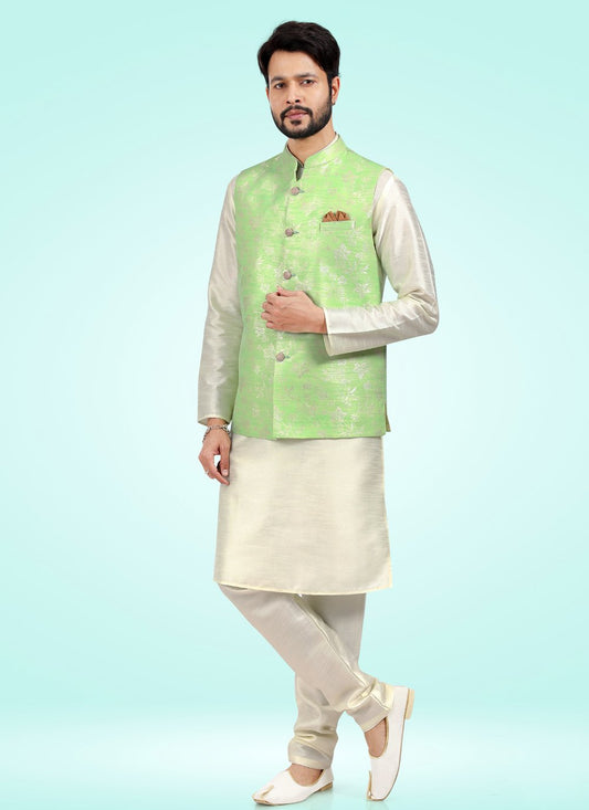 Kurta Payjama With Jacket Banarasi Jacquard Cream Green Fancy Work Mens