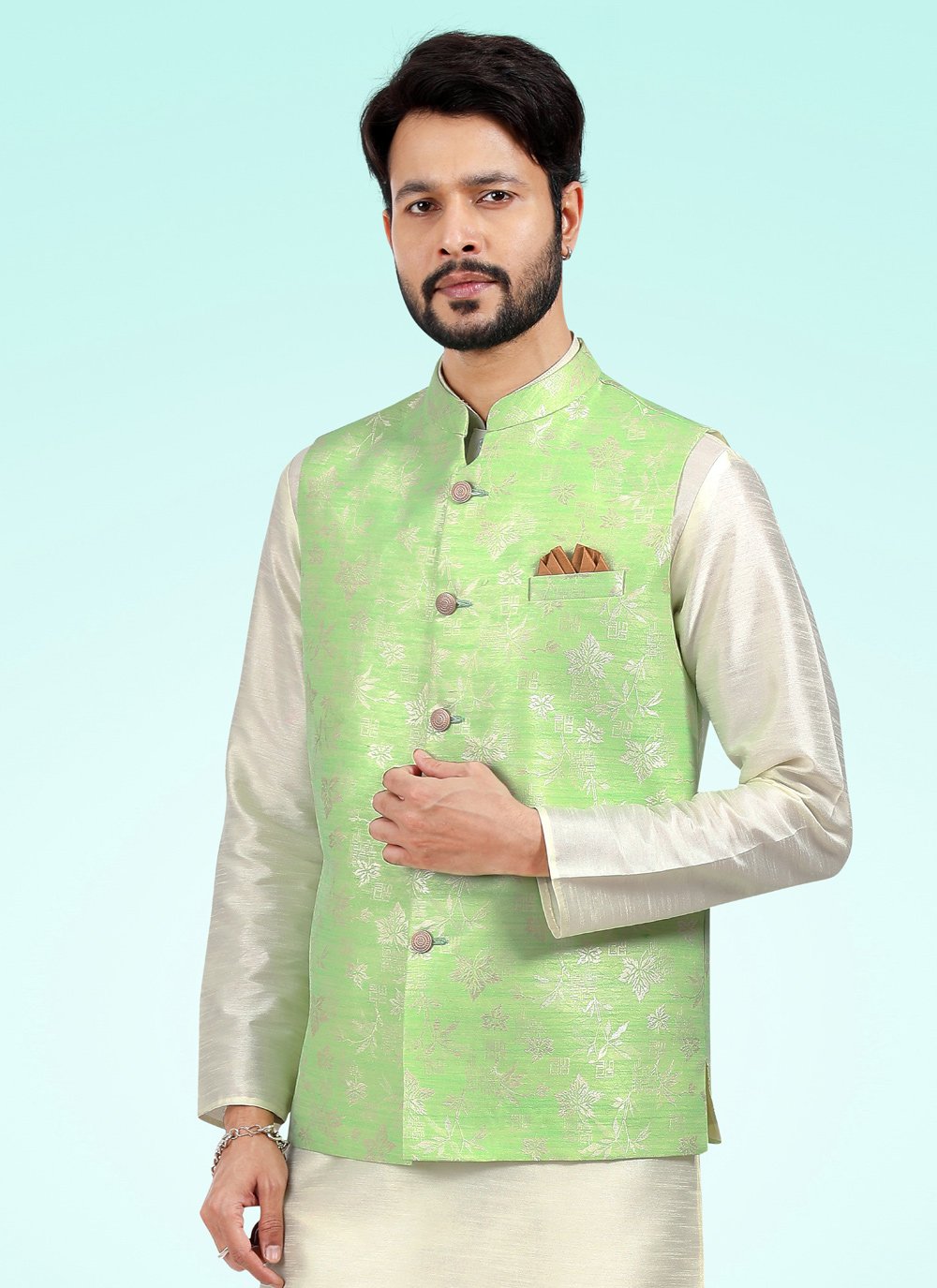 Kurta Payjama With Jacket Banarasi Jacquard Cream Green Fancy Work Mens