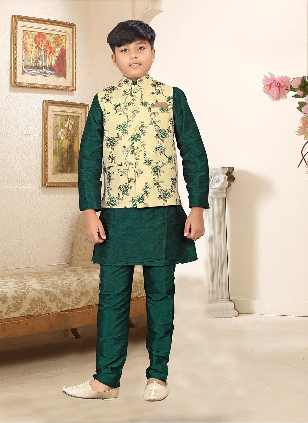 Kurta Payjama With Jacket Jute Silk Cream Green Digital Print Kids