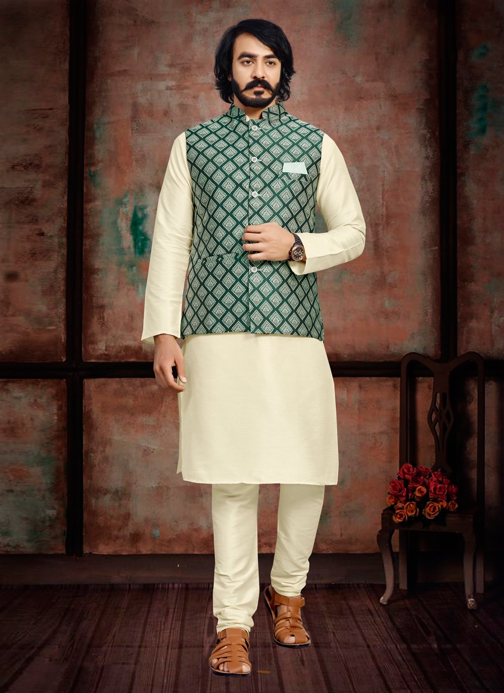 Kurta Payjama With Jacket Art Silk Jacquard Cream Green Fancy Work Mens