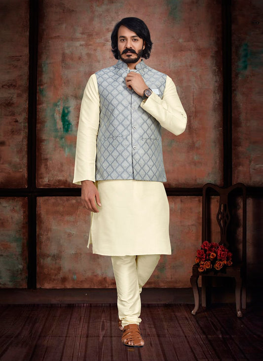 Kurta Payjama With Jacket Art Silk Jacquard Cream Grey Fancy Work Mens