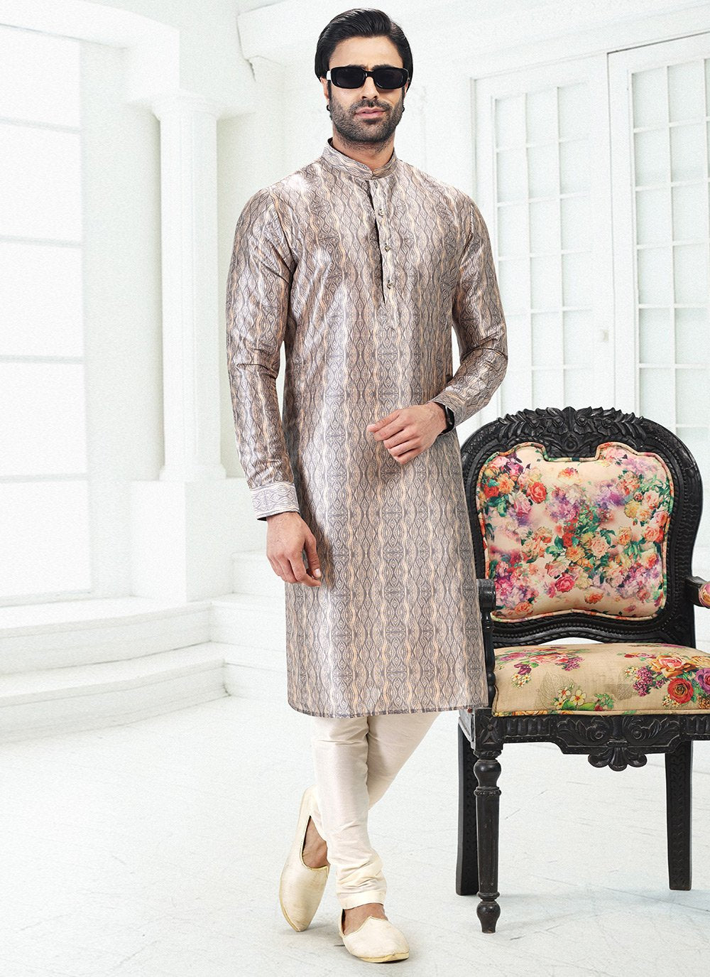 Kurta Pyjama Banarasi Silk Cream Grey Digital Print Mens