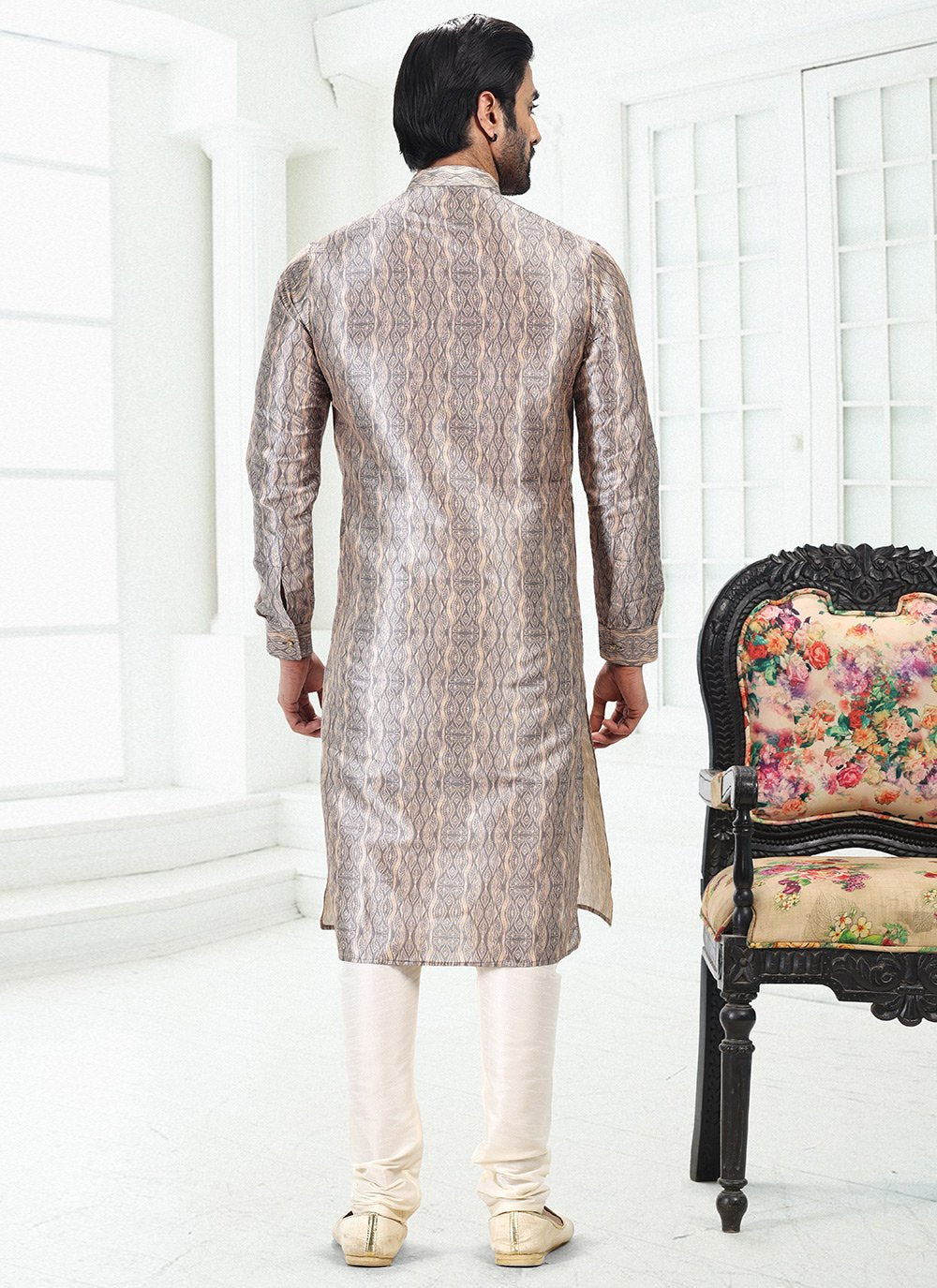 Kurta Pyjama Banarasi Silk Cream Grey Digital Print Mens