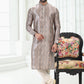 Kurta Pyjama Banarasi Silk Cream Grey Digital Print Mens