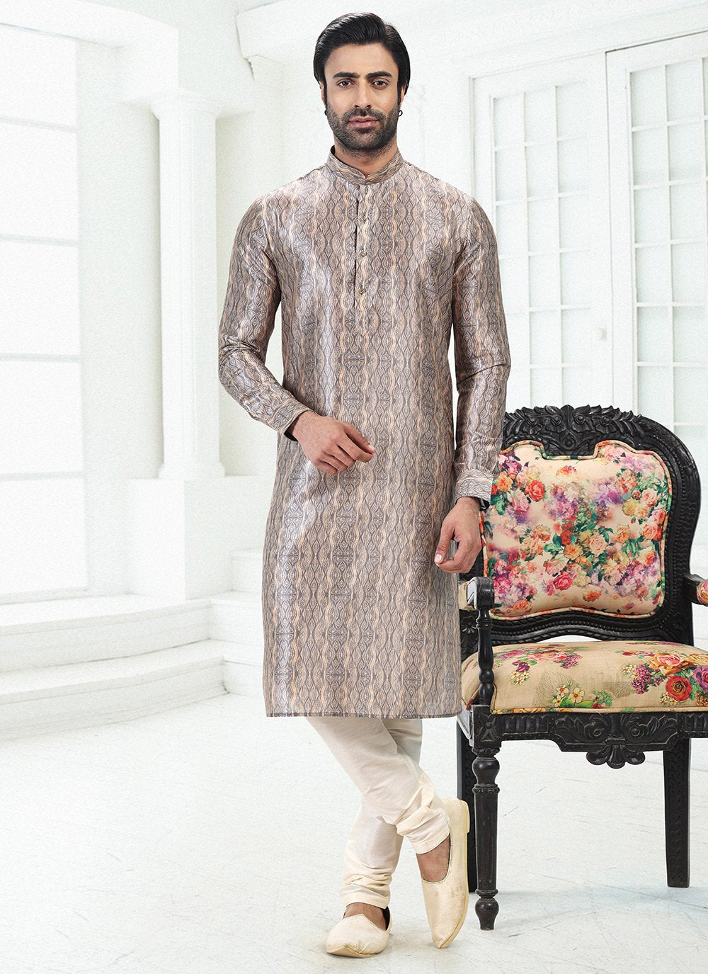 Kurta Pyjama Banarasi Silk Cream Grey Digital Print Mens