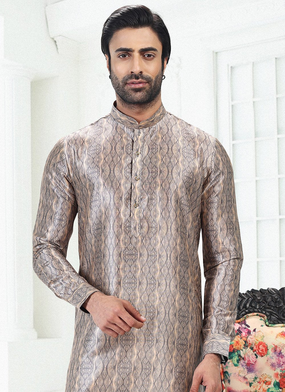 Kurta Pyjama Banarasi Silk Cream Grey Digital Print Mens