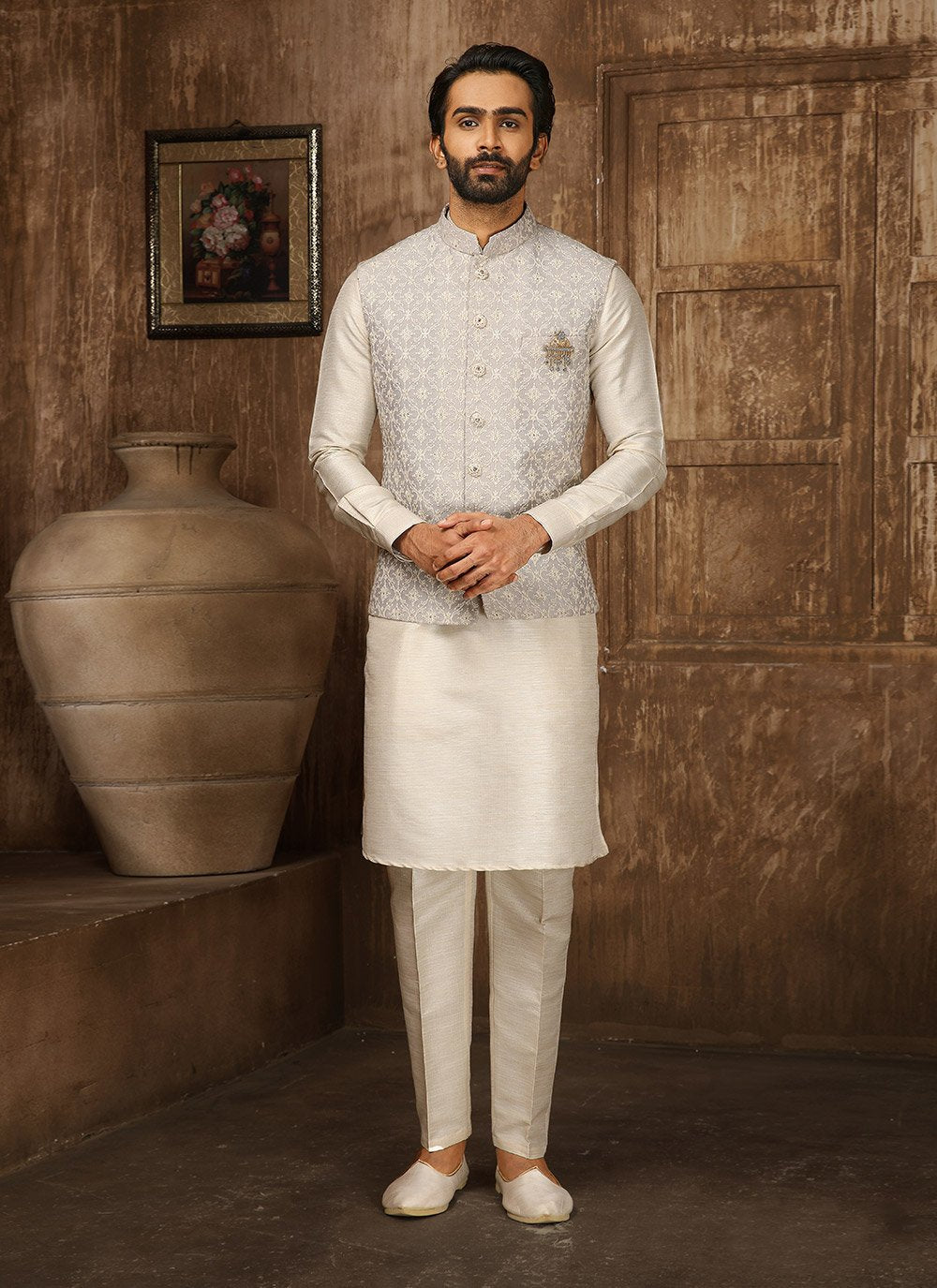 Kurta Payjama With Jacket Lucknowi Cream Grey Embroidered Mens