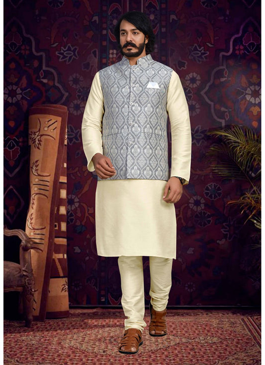 Kurta Payjama With Jacket Art Silk Jacquard Cream Grey Fancy Work Mens