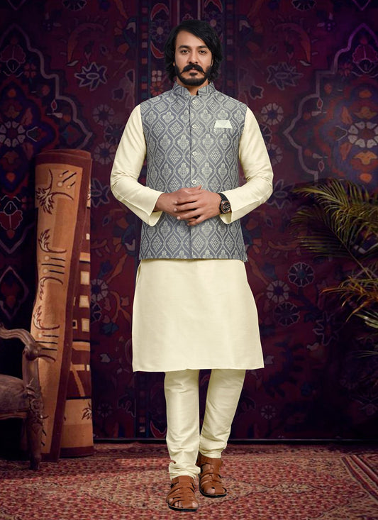 Kurta Payjama With Jacket Art Silk Jacquard Cream Grey Fancy Work Mens