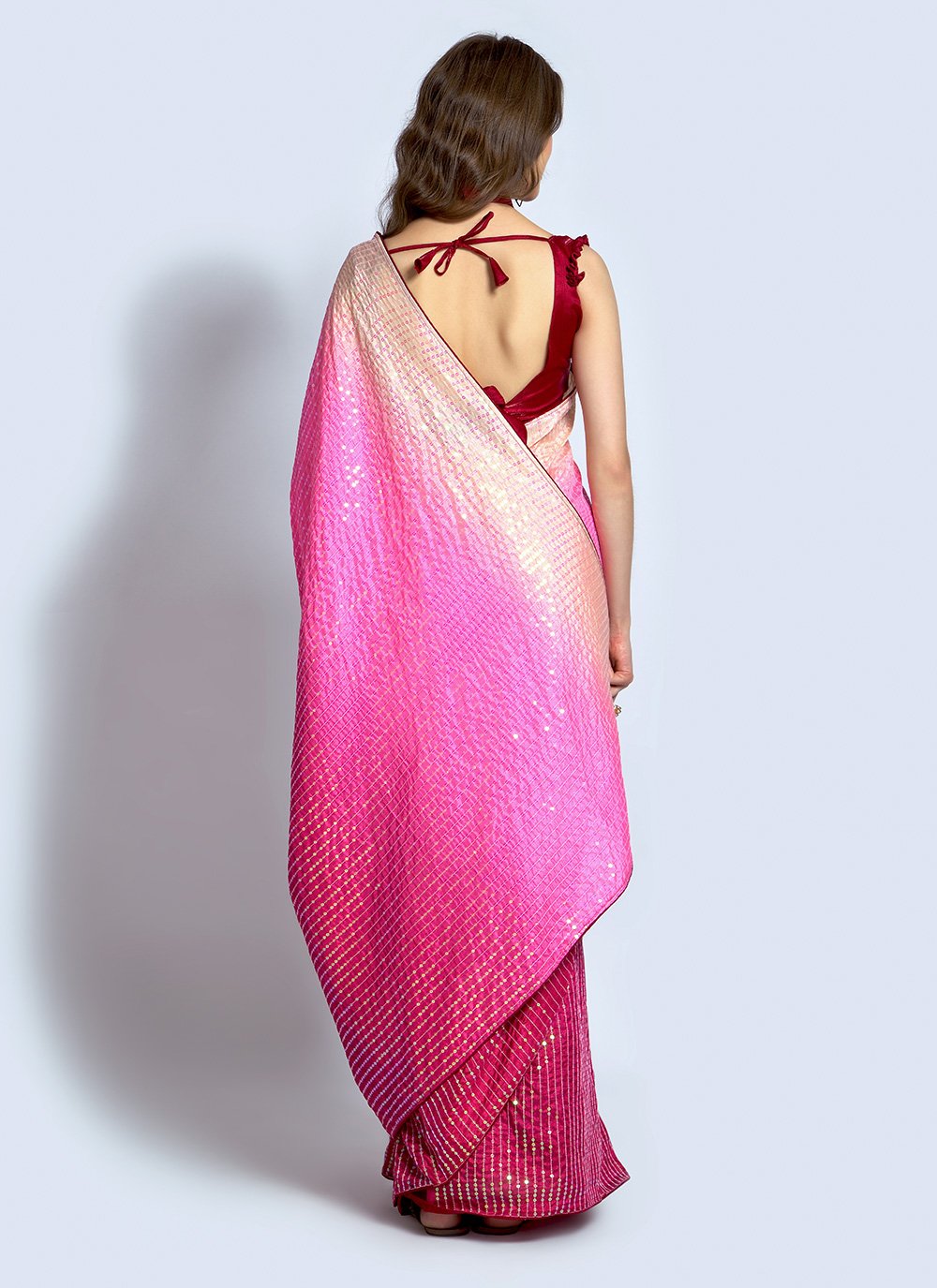 Shaded Saree Georgette Cream Hot Pink Sequins Saree