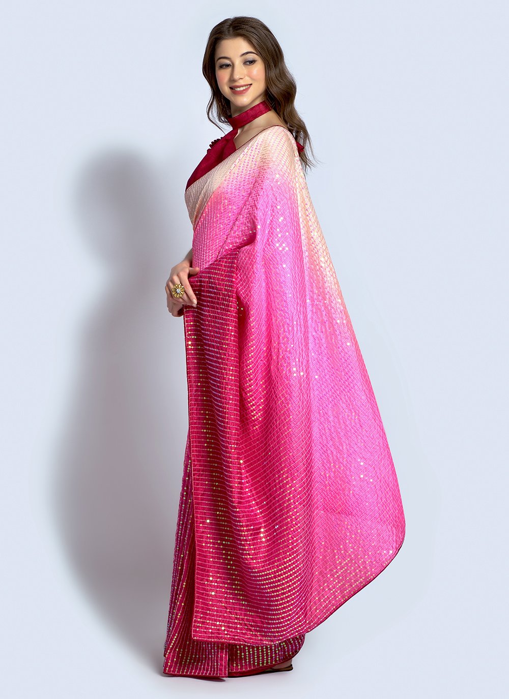 Shaded Saree Georgette Cream Hot Pink Sequins Saree