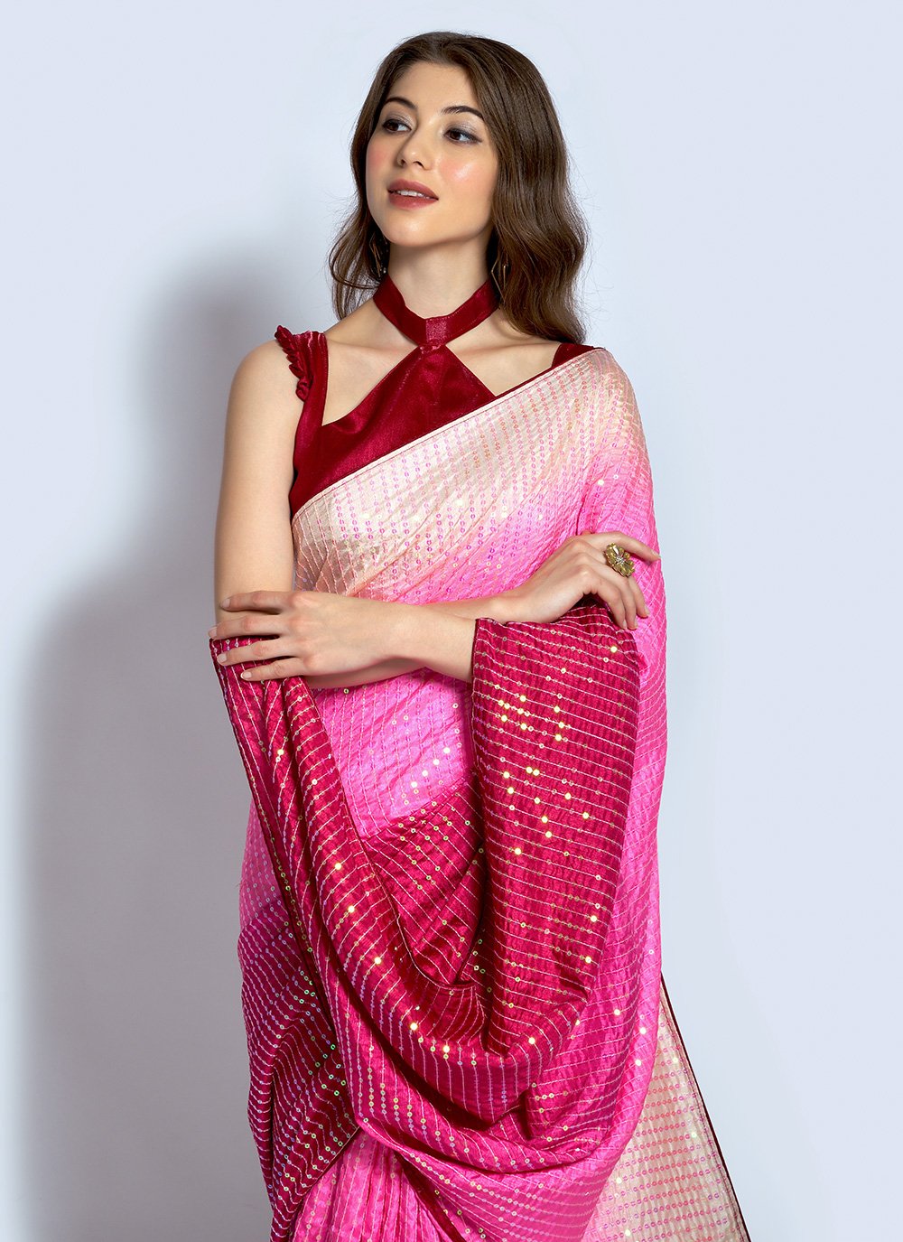 Shaded Saree Georgette Cream Hot Pink Sequins Saree