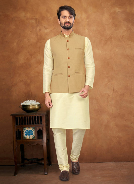 Kurta Payjama With Jacket Silk Cream Khaki Fancy Work Mens