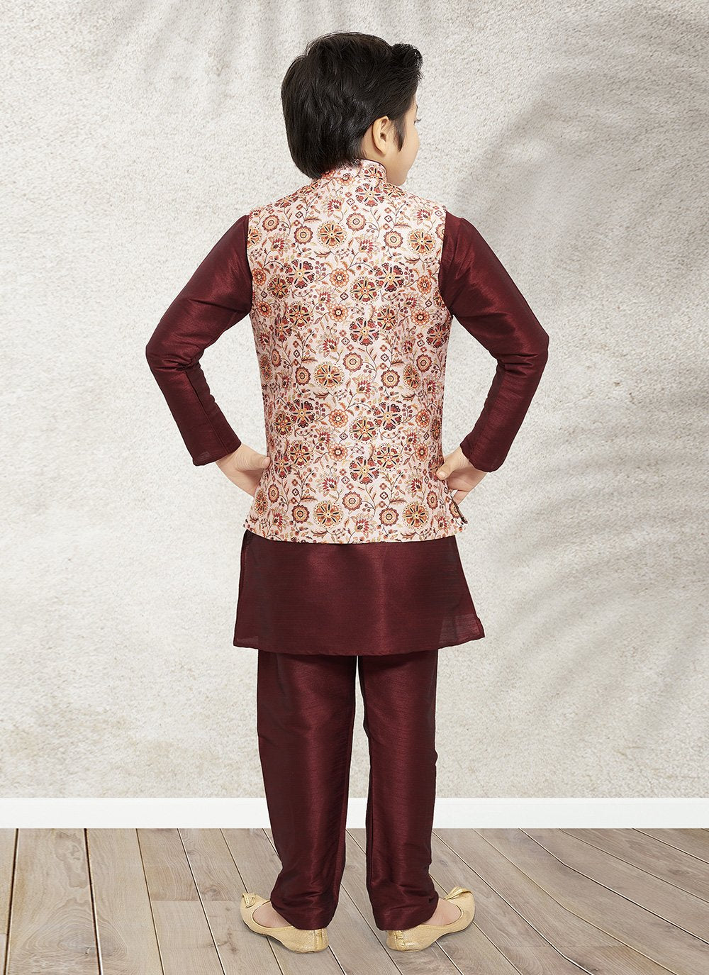 Kurta Payjama With Jacket Banarasi Silk Cream Maroon Print Kids