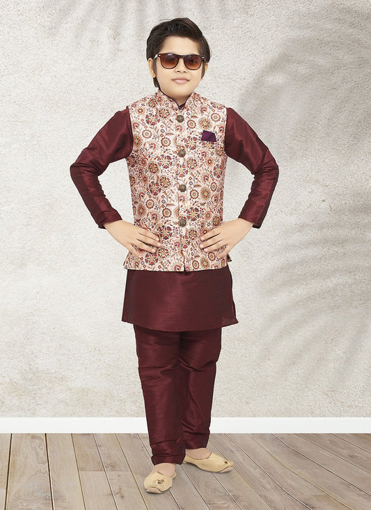 Kurta Payjama With Jacket Banarasi Silk Cream Maroon Print Kids