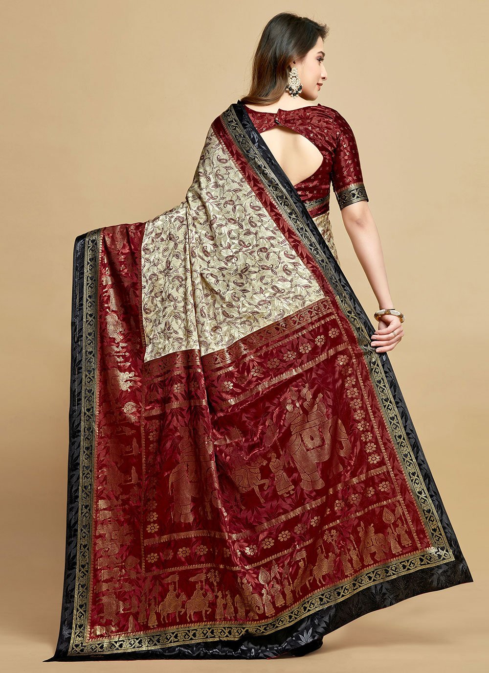 Trendy Saree Silk Cream Maroon Jacquard Work Saree