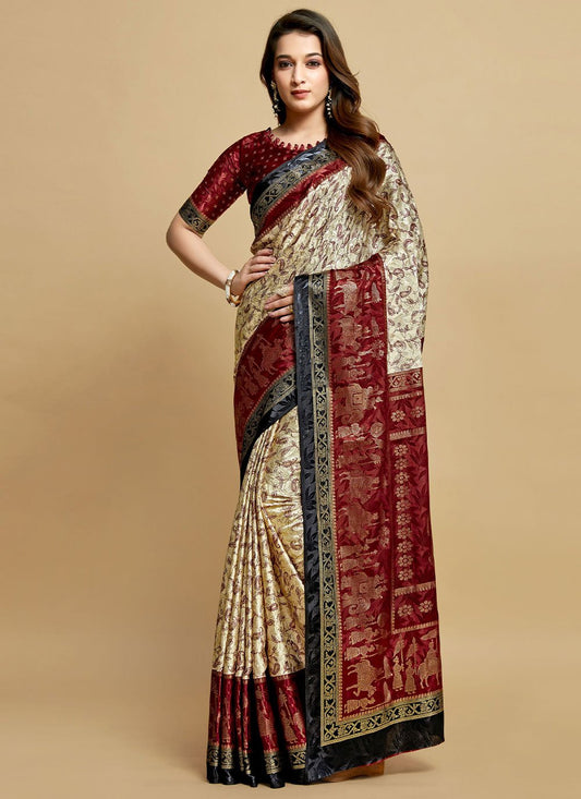 Trendy Saree Silk Cream Maroon Jacquard Work Saree