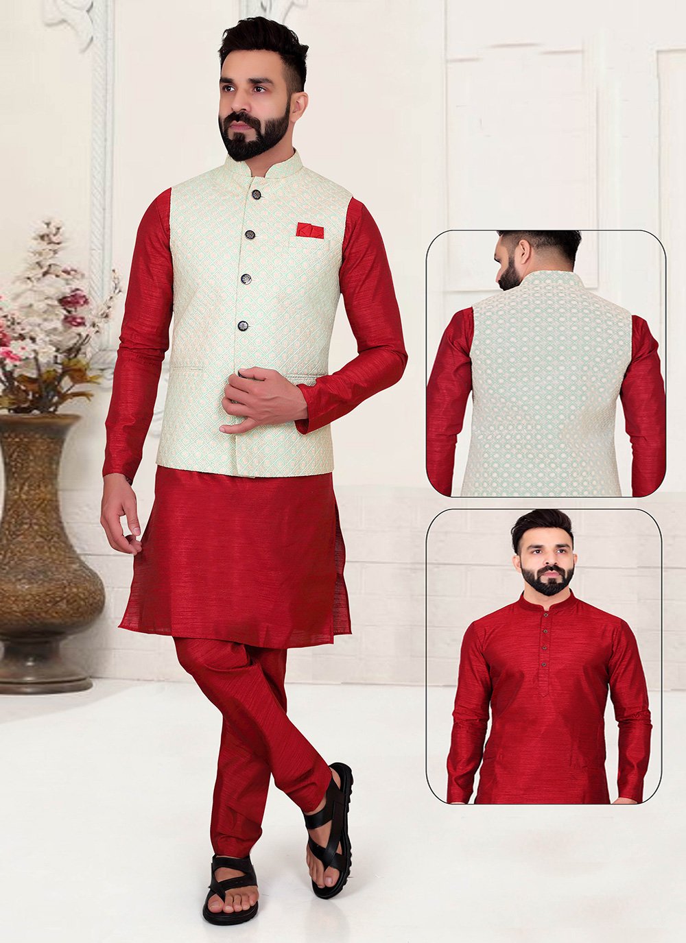 Kurta Payjama With Jacket Lucknowi Cream Maroon Embroidered Mens