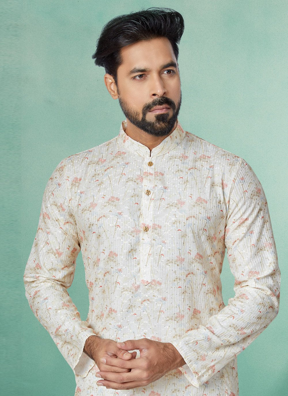 Kurta Pyjama Fancy Fabric Cream Multi Colour Digital Print Mens