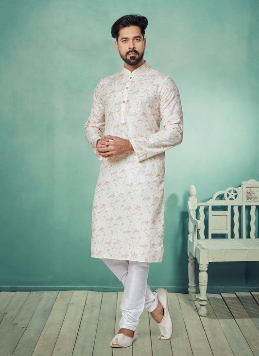 Kurta Pyjama Fancy Fabric Cream Multi Colour Digital Print Mens