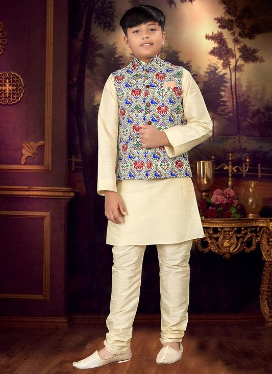 Kurta Payjama With Jacket Silk Cream Multi Colour Digital Print Kids