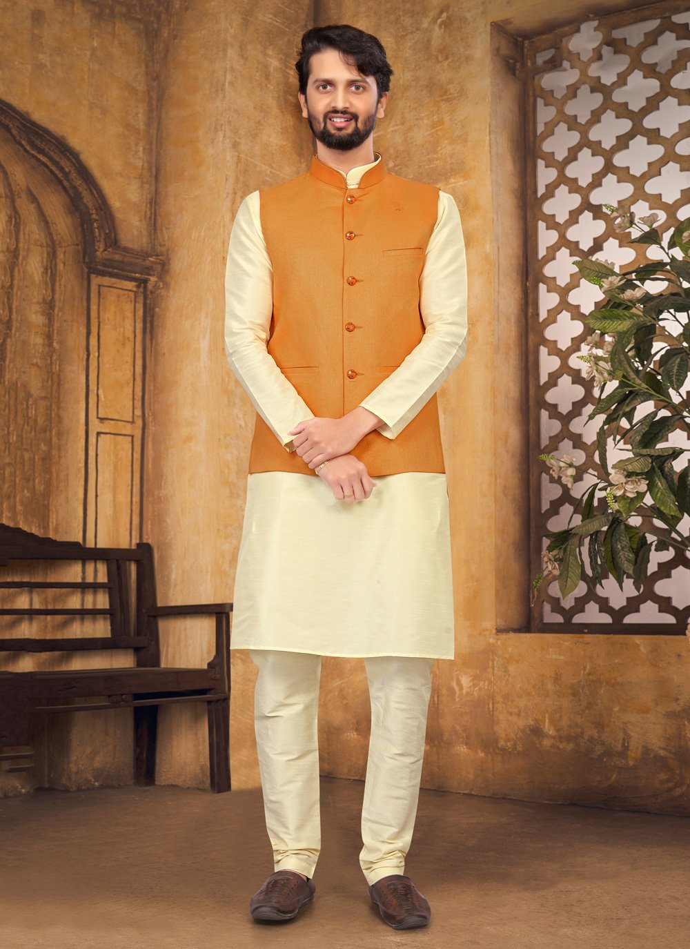 Kurta Payjama With Jacket Silk Cream Mustard Fancy Work Mens