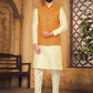 Kurta Payjama With Jacket Silk Cream Mustard Fancy Work Mens