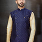 Kurta Payjama With Jacket Dupion Silk Jacquard Blue Cream Embroidered Mens